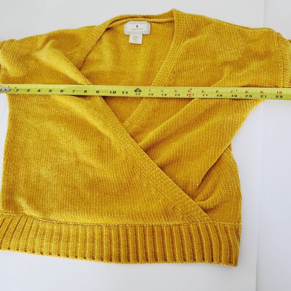 ANTHRO RUBY MOON Mustard Yellow Chenille Cropped Crossover V-Neck Trendy Sweater - Picture 7 of 9